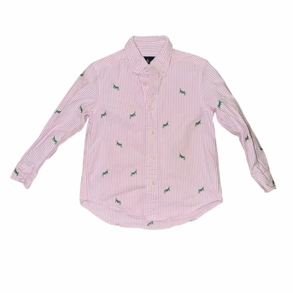 Ralph Lauren pink stripe button front long sleeve shirt embroider grasshoppers